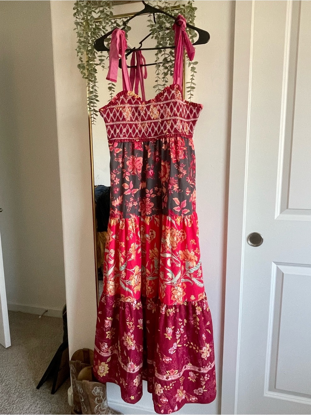 Boho Floral Tiered Maxi Dress in Pink and Burgundy